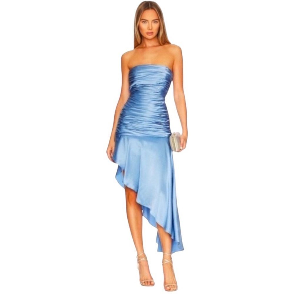 NWT Cinq a Sept Strapless Silk Ruched Dress In Deja Blue Revolve Size 2